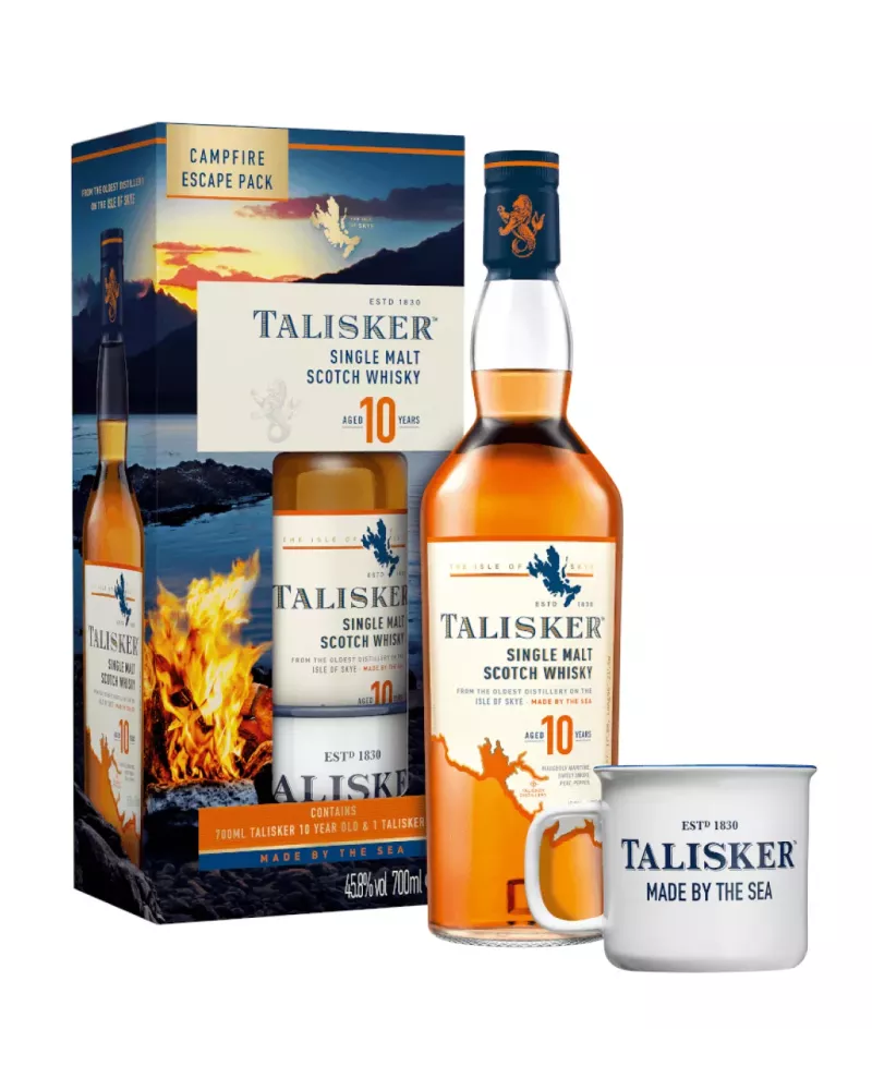 Talisker 10 YO 0,7 L + kubek – klasyczna whisky single malt z Isle of Skye w zestawie upominkowym